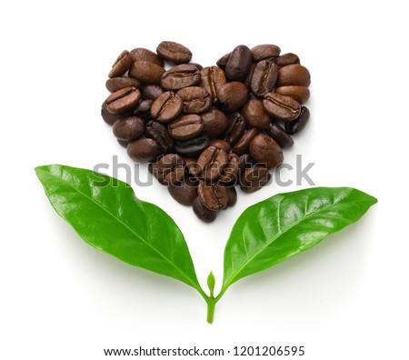 heart shaped roasted coffee beans and leaves, fair trade concept image isolated on white background