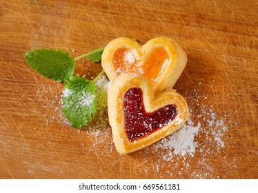 Heart Shaped Shortbread Cookies With Apricot And Cherry Jam Filling