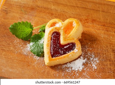 Heart Shaped Shortbread Cookies With Apricot And Cherry Jam Filling