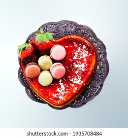 Heart Shaped Strawberry Cheesecake Top View. Square Format For Instagram And Social Media.