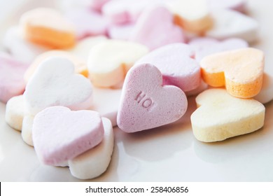 Heart shaped sugar candies close-up