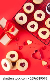 Heart Shaped Traditional Linzer Cookies With Strawberry Jam. Valentine S Day Concept.