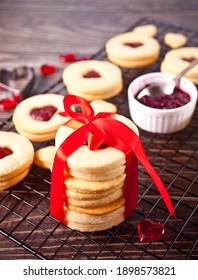 Heart Shaped Traditional Linzer Cookies With Strawberry Jam. Valentine S Day Concept.