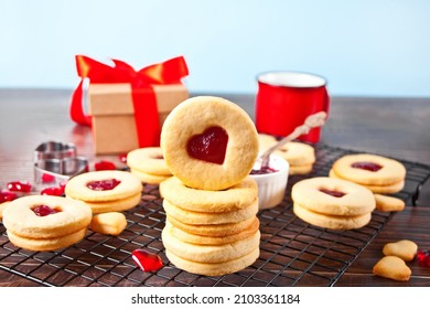 Heart Shaped Traditional Linzer Cookies With Strawberry Jam. Valentine S Day Concept.