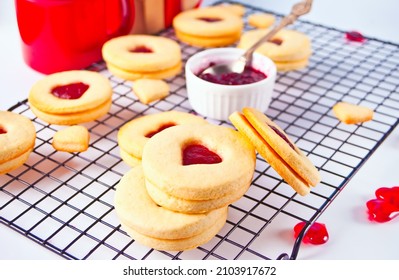 Heart Shaped Traditional Linzer Cookies With Strawberry Jam. Valentine S Day Concept.