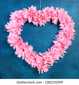 Heart Shaped Wreath Decorated Artificial Flower Made Pink Tissue Paper Napkins. Gift Ideas For Valentines Day, Decor For Day Love, Concept February 14. Step By Step. Process Children Crafts. Top View