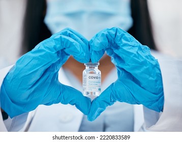 Heart Sign, Covid Vaccine And Doctor Hands With Medicine Bottle And Serum For Risk, Healthcare And Wellness Safety. Medical Worker, Pharmaceutical Innovation And Scientist Drug Test Cure Of Covid 19