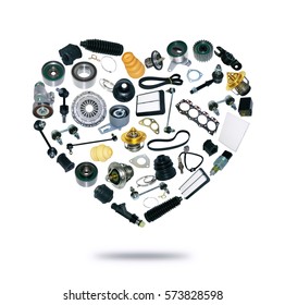 Heart Spare Auto Parts For Car On White Background. Set With Many Isolated Items For Shop Or Aftermarket, OEM. Popular Repair Part For Service.