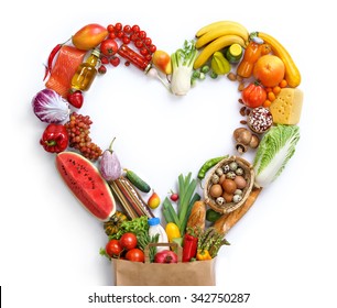 Heart Symbol / Studio Photography Of Heart Made From Different Fruits And Vegetables - On White Background. Healthy Food Background, Top View. High Resolution Product,