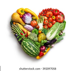 Heart Symbol. Vegetables Diet Concept. Food Photography Of Heart Made From Different Vegetables Isolated White Background. High Resolution Product