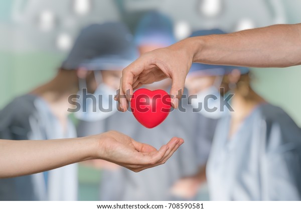 Heart transplant and organ donation concept. Hand
is giving red heart.
