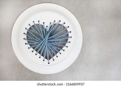 Heart Of Yarn Made With A Paper Plate. Kids Craft On Grey With Copy Space