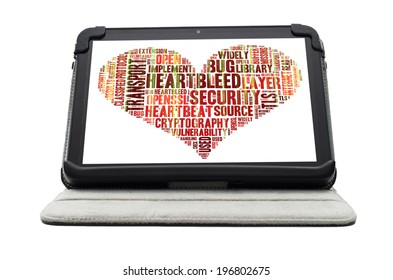 Heartbleed exploit concept word cloud forming a heart shape on a white tablet screen