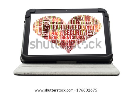 Heartbleed exploit concept word cloud forming a heart shape on a white tablet screen