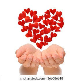 Hearts in heart shape flying over cupped hands of young woman, birthday card, Valentine's Day, Happy Valentines, Valentine card, love concept, isolated on white background, health insurance, cut out