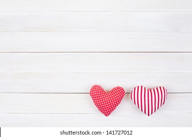 Hearts On White Wood Background