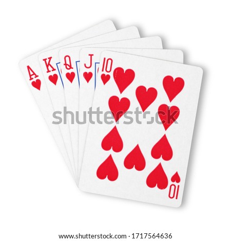 Hearts royal flush flat on white winning hand business concept