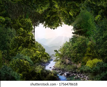 A heart-shaped hole in the dense tree crown. The current river to the cliff. The sun shines on the mountains. The concept of love for nature and passion for travel.