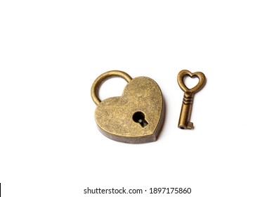 A heart-shaped lock and key on a white background