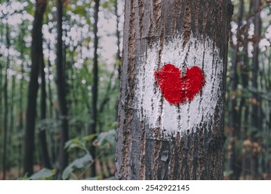 Heart-shaped mark painted into a tree trunk along a hiking trail in the Fruska Gora forest, symbolizing love in nature - Powered by Shutterstock