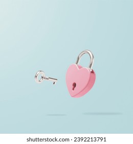 Heart-shaped pink padlock with  flying key on pastel blue background. Minimal Valentines Day, wedding or Mother's day concept. Creative love romantic emotion composition. Love messages for couples. - Powered by Shutterstock