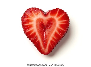 A heart-shaped slice of a red strawberry against a white background