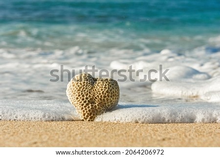 Heart-shaped stone with corals inside  being washed by deep blue ocean on a sandy beach with white foam around