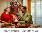 Heartwarming family dinner during christmas, filled with joy and love, decorations, gifts, and laughter, capturing the holiday spirit of togetherness