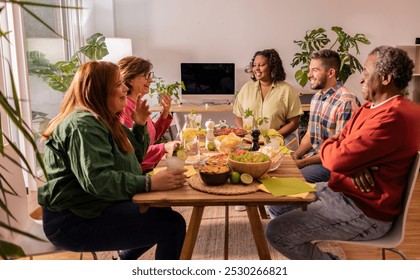 Heartwarming image of a diverse family enjoying a meal together, smiling and connecting over healthy food in a cozy home setting - Powered by Shutterstock