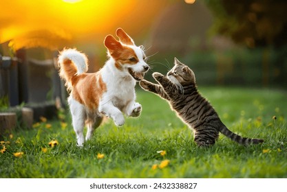 A Heartwarming Moment Between a Dog and Cat at Play, Puppy And Kitten, Dog and Cat Playing Together