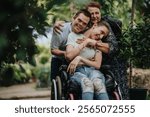 A heartwarming moment of a boy with Down syndrome, a girl in a wheelchair, and an elderly woman sharing a joyful embrace in a garden setting.