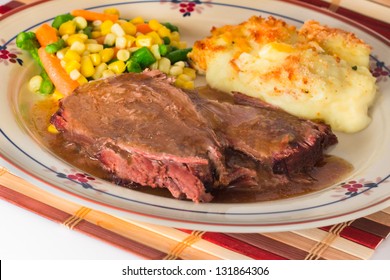 Hearty Beef Pot Roast Meal With Mashed Potatoes And Vegetables