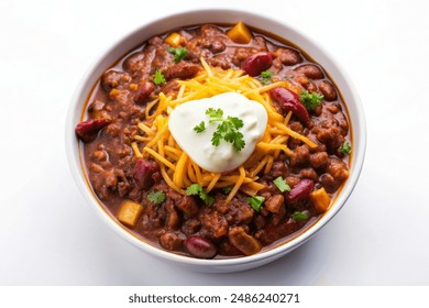 A hearty bowl of chili with beans, topped with shredded cheese and a dollop of sour cream, top view, on a white background - Powered by Shutterstock