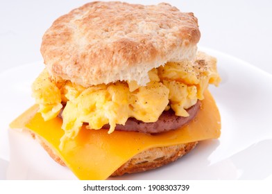 Hearty Egg, Sausage, Cheese Sandwich On A Homemade Buttermilk Biscuit