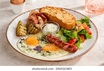 Hearty Traditional Breakfast Plate with Eggs, Sausage, Bacon, Toast, and Vegetable Salad. - Powered by Shutterstock