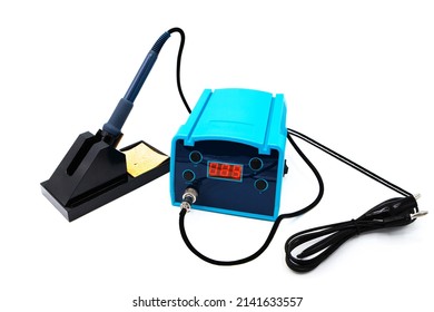 Heat adjustable soldering iron. Induction soldering station, heating control regulator and soldering iron. Isolated on a white background.	