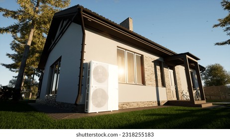 Heat pump of air-water technology for the home. Split-type inverter system. Installed in a modern private house