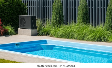 Heat pump unit beside a swimming pool with decorative greenery. - Powered by Shutterstock