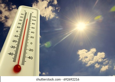 Heat, thermometer shows the temperature is hot in the sky, summer