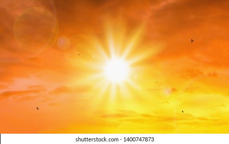 Heat Wave Of Extreme Sun And Sky Background. Hot Weather With Global Warming Concept. Temperature Of Summer Season.