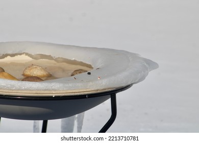 A Heated Bird Bath That Is Filled With Water And Stones. The Edge Around The Tub Is Frozen And Covered With Snow And Ice.
