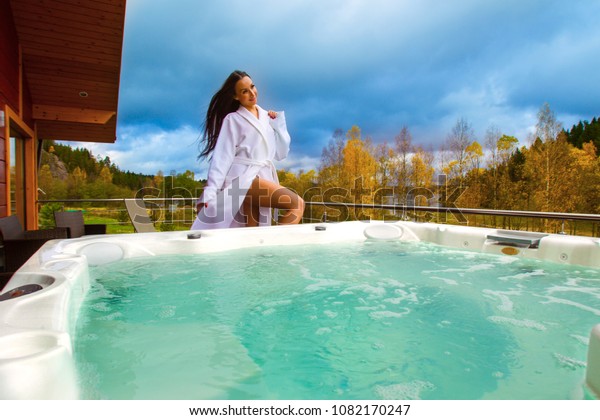 Heated Swimming Pool Girl Tunes Temperature Stock Image Download Now