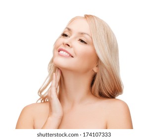 Heath And Beauty Concept - Face Of Beautiful Woman Touching Her Neck