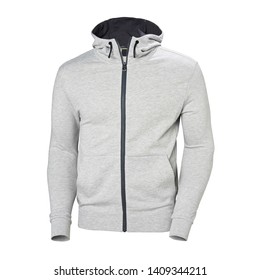 Heather Gray Hoodie Isolated On White. Full Zip Jumper With Hood Side View. Zippered Pullover Hoodies. Zipper Hooded Sweatshirt. Long Sleeve Apparel. Men's Top Warm Zip Up Fleece Hoody Sweater