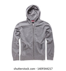 Heather Gray Hoodie Isolated On White . Full Zip Jumper With Hood Side View. Zippered Pullover Hoodies. Zipper Hooded Sweatshirt. Long Sleeve Clothing Apparel. Men Top Warm Zip Up Fleece Hoody Sweater