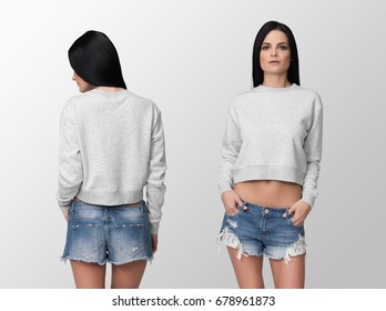 Heather Grey Long Sleeve Crop Top On A Young Woman In Shorts, Front And Back Isolated, Mockup.