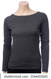 Heather Grey Long Sleeved Cotton Or Synthetic Shirt Used As Inner Or Base Layer In Layered Clothing For Thermal Insulation Known As Technical Or Functional Clothing. Female Mannequin Isolated On White