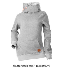 Heather Grey Side Button Hoodie Isolated On White. Jumper With Hood. Pullover Hoodies Front View. Girl's Hooded Sweatshirt. Lady Long Sleeve Clothing Apparel. Women's Top Warm Fleece Hoody Sweater