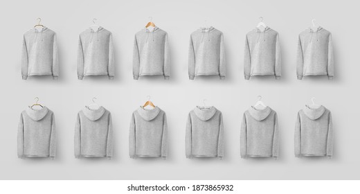 Heather Hoodie Template Hanging On Different Hangers, Blank Pullover For Design And Logo Presentation. Sweatshirt Mockup On A White Background. Set Of Gray Clothes, Front And Back Views