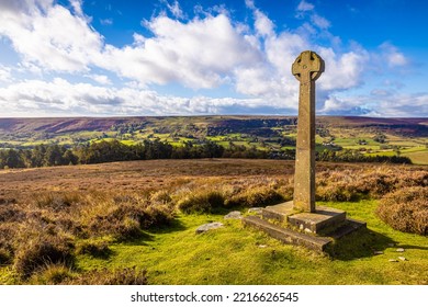 Heather And Moorland Cross In Yorkshire National Park, England, UK